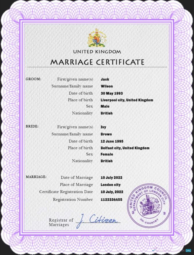 Download United Kingdom marriage certificate PSD template, Photoshop template